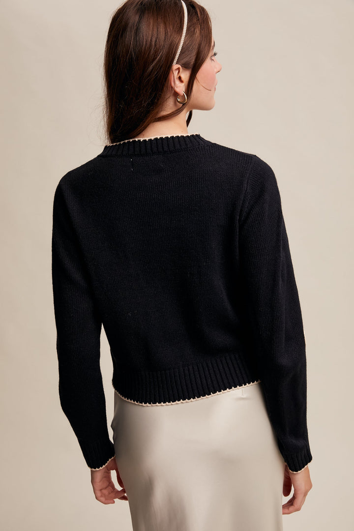 Embroidered Floral Knit Cardigan in Black