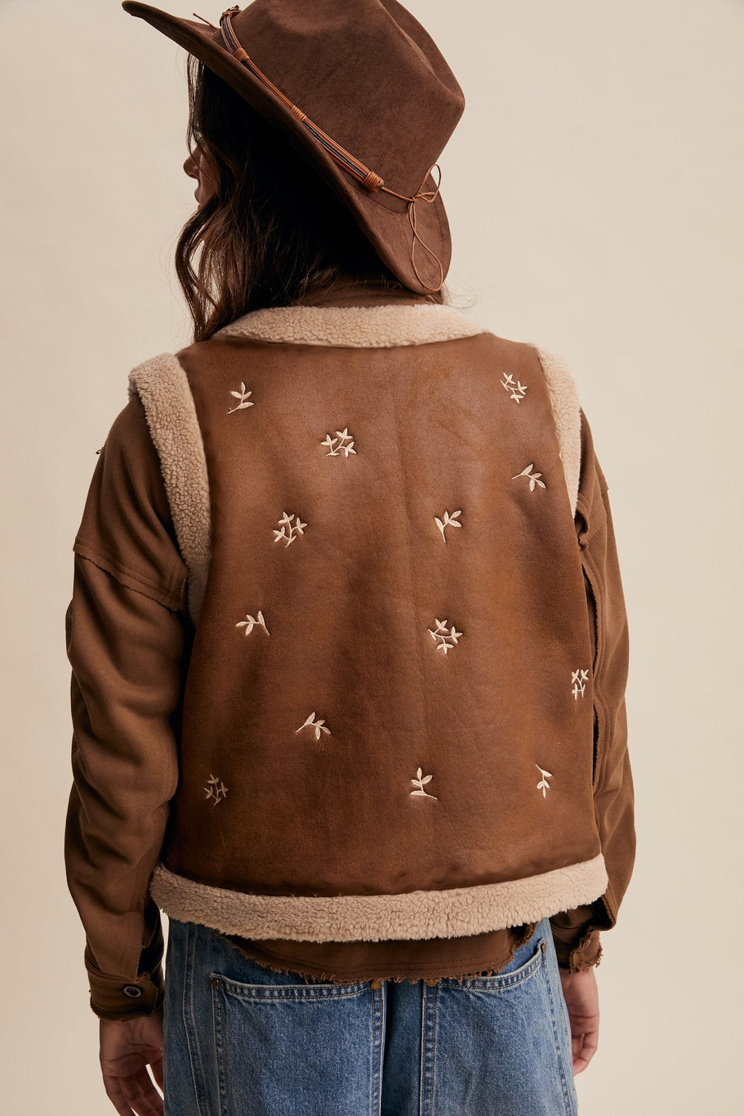 Embroidered Faux Suede Shearling Vest