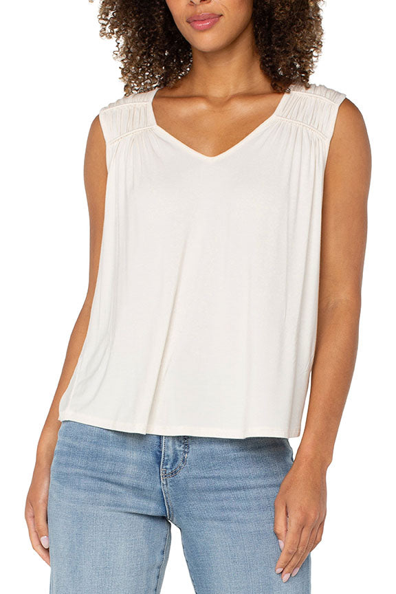 Sleeveless Shirred Detail Knit Top in Whipped Cream