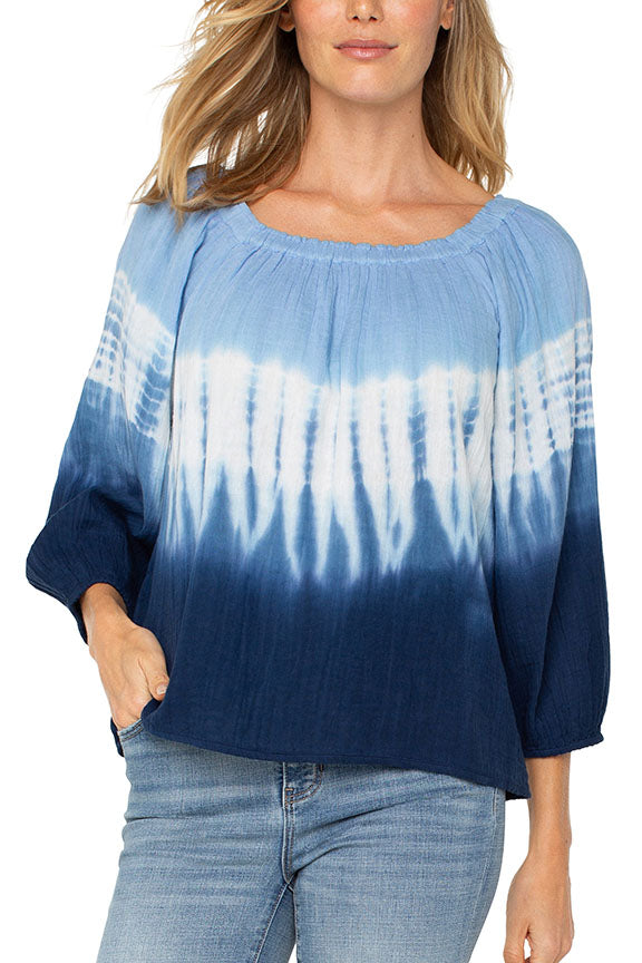 3/4 Sleeve Tie-Dye Woven Boat Neck Top