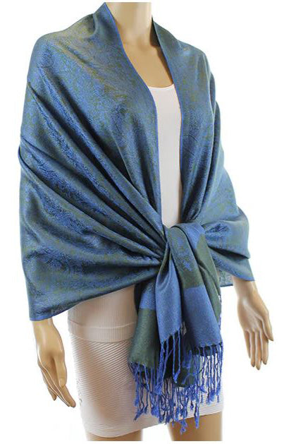 Floral Shimmering Pashmina in Pine and True Blue