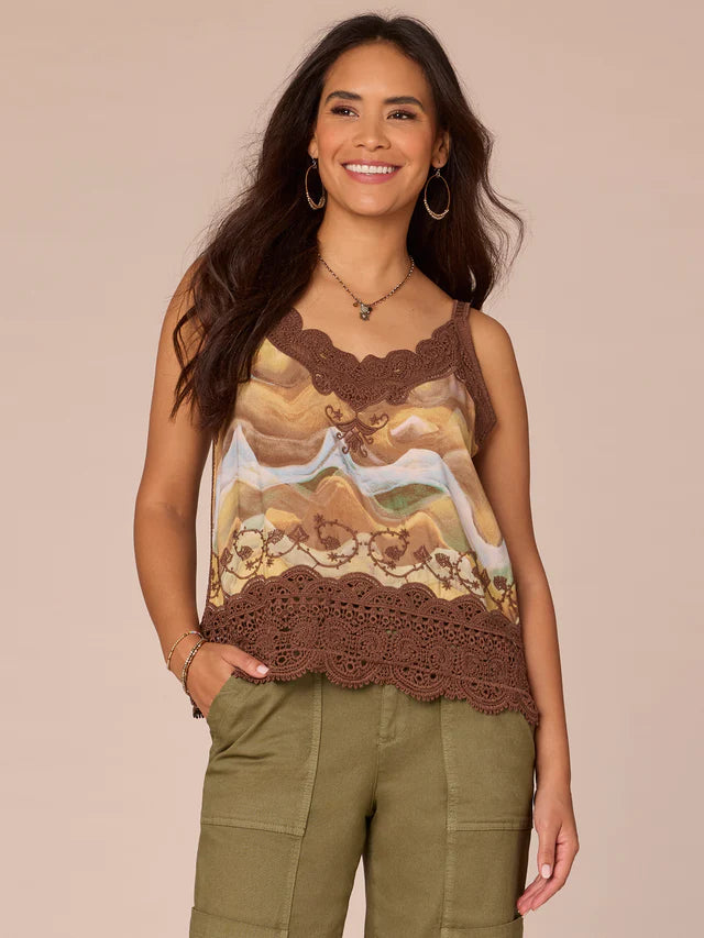 Neck Scallop Edge Printed Embroidered Woven Tank Top