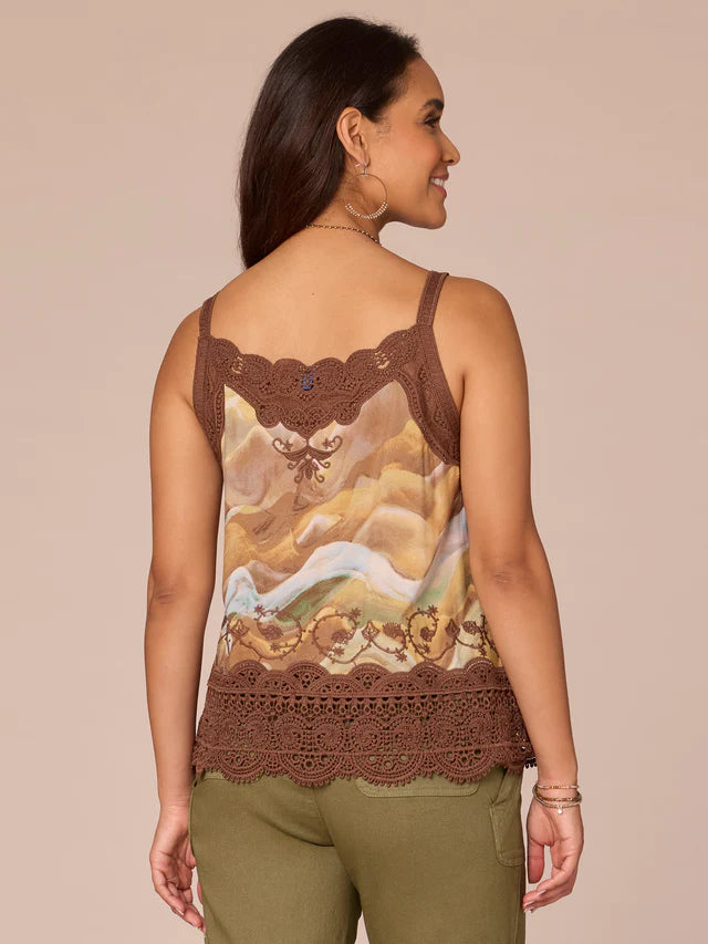Neck Scallop Edge Printed Embroidered Woven Tank Top