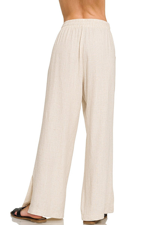 Linen Drawstring Pant with Split Hem in Brown
