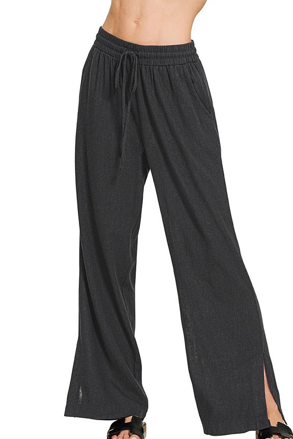 Linen Drawstring Pant with Split Hem in Black