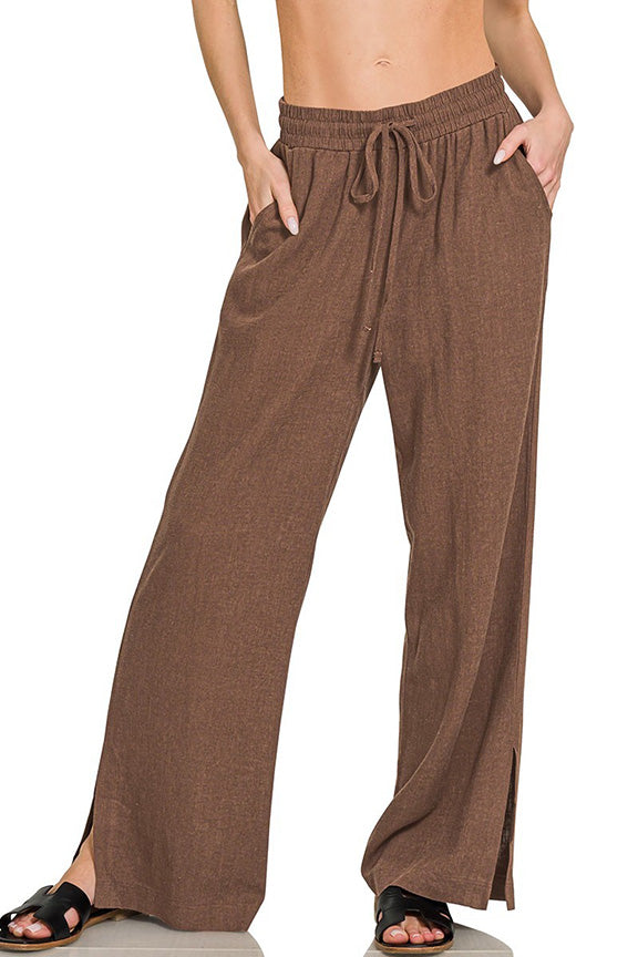 Linen Drawstring Pant with Split Hem in Brown