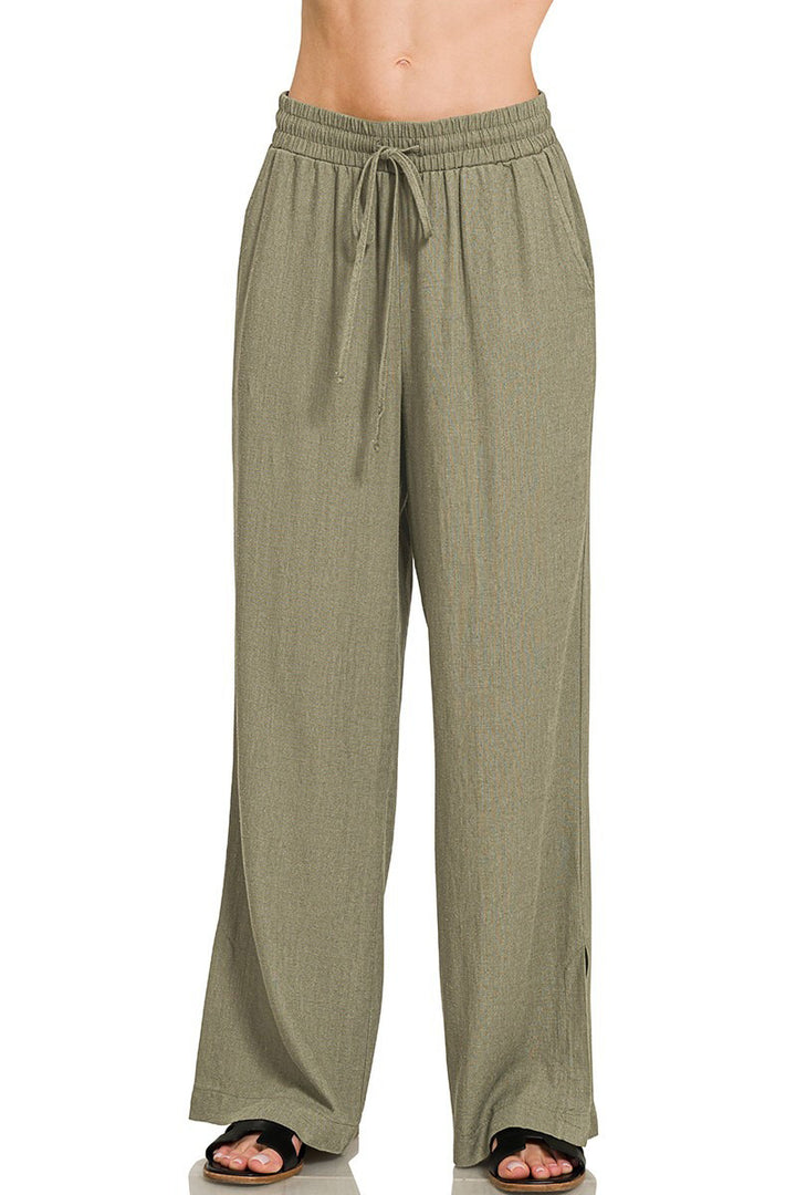 Linen Drawstring Pant with Split Hem in Light Olive