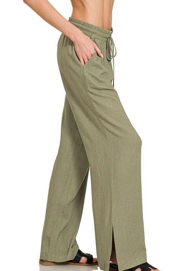 Linen Drawstring Pant with Split Hem in Light Olive
