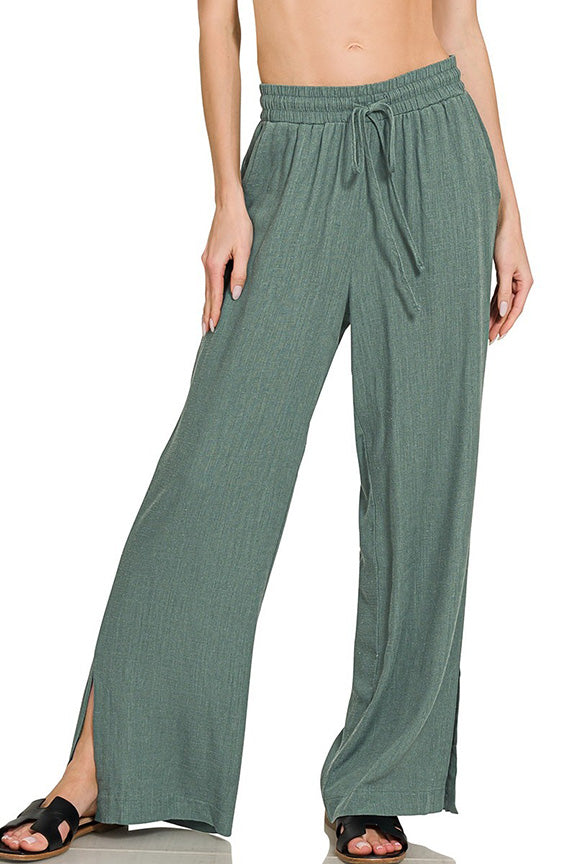 Linen Drawstring Pant with Split Hem in Ash Jade