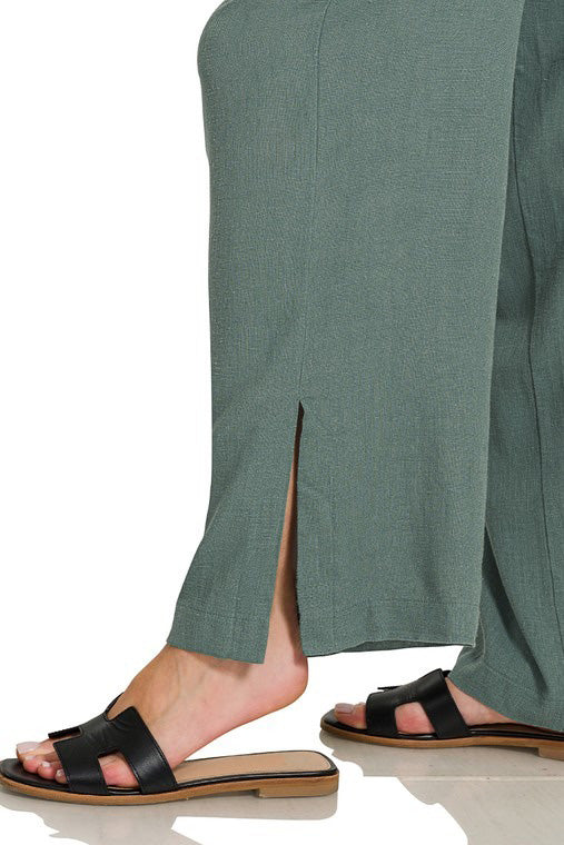 Linen Drawstring Pant with Split Hem in Ash Jade