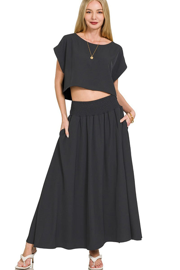 Heavy Woven Crop Tee and Skirt in Black