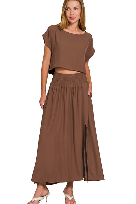 Heavy Woven Crop Tee and Skirt in Brown