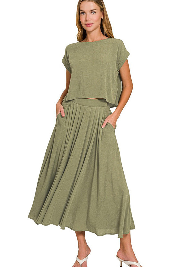 Crinkle Gauze Crop Tee and Skirt Set