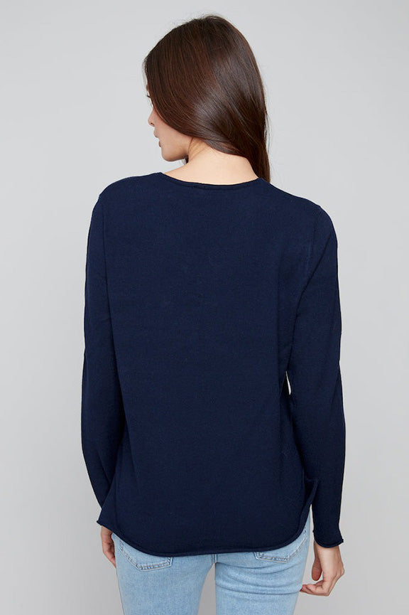 Basic Long Sleeve V-Neck Sweater in Navy