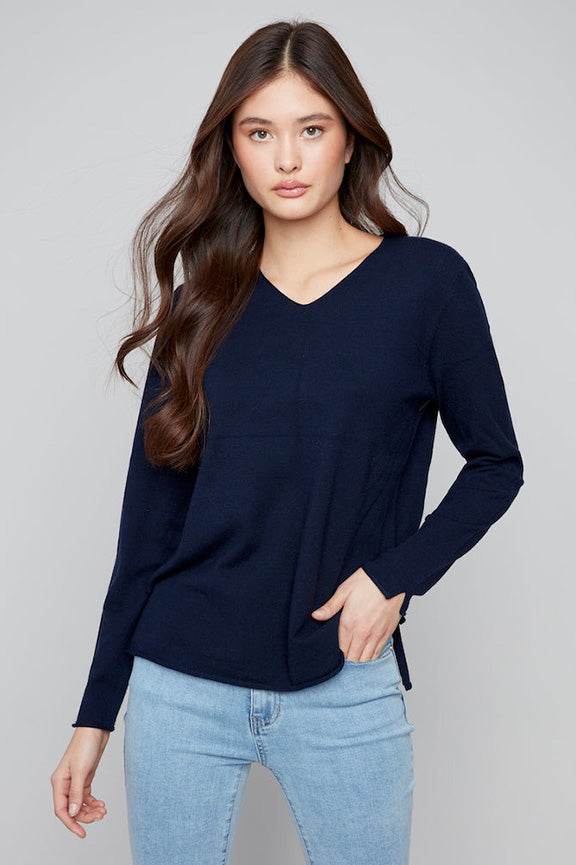 Basic Long Sleeve V-Neck Sweater in Navy