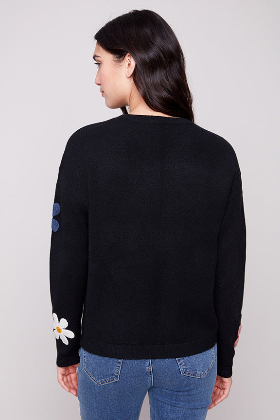 Plush Sweater with Flowers in Black
