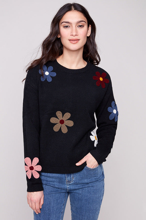 Plush Sweater with Flowers in Black