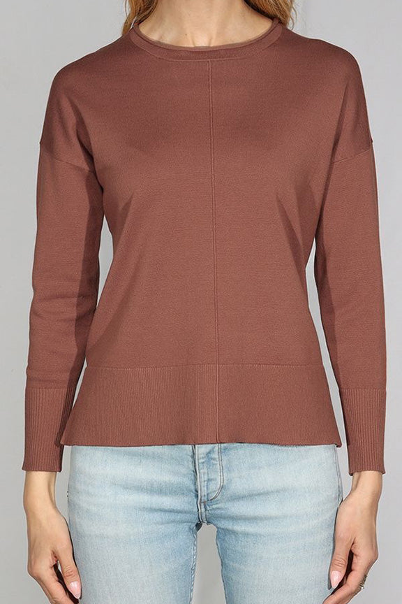 Front Seam Roll Neck Crew in Cognac