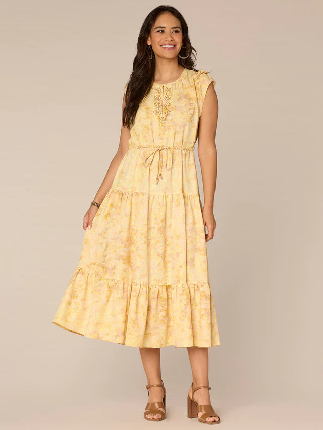 Ruffle Cap Sleeve Round Neck Elastic Waist Abstract Print Woven Dress