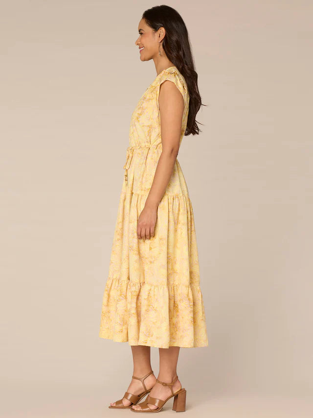 Ruffle Cap Sleeve Round Neck Elastic Waist Abstract Print Woven Dress