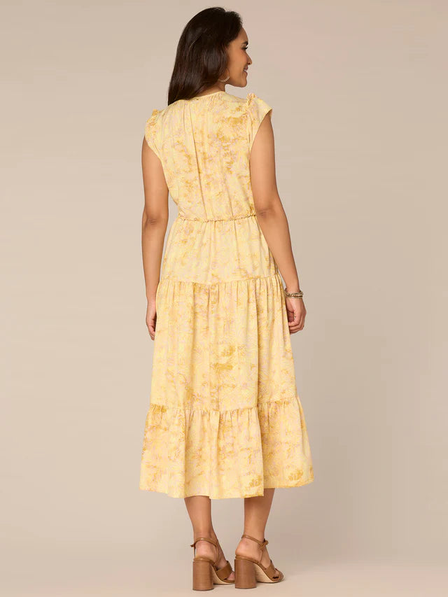 Ruffle Cap Sleeve Round Neck Elastic Waist Abstract Print Woven Dress