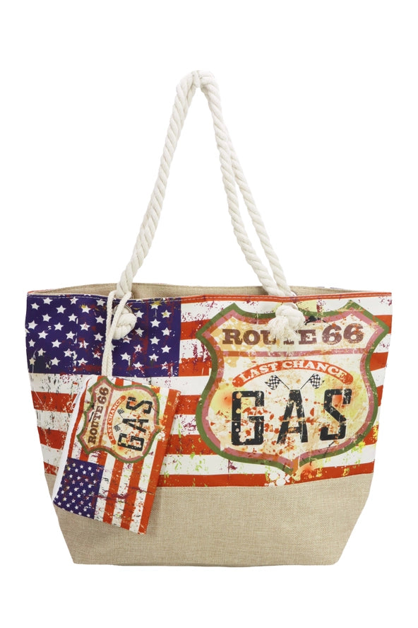 Route 66 Print Tote Bag Featuring an American Flag Graphic