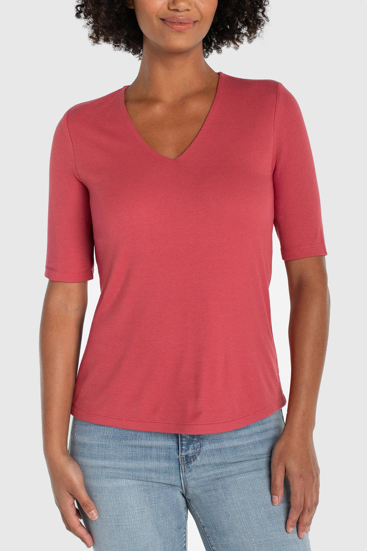 V-Neck Rib Knit Top in Garnet Rose