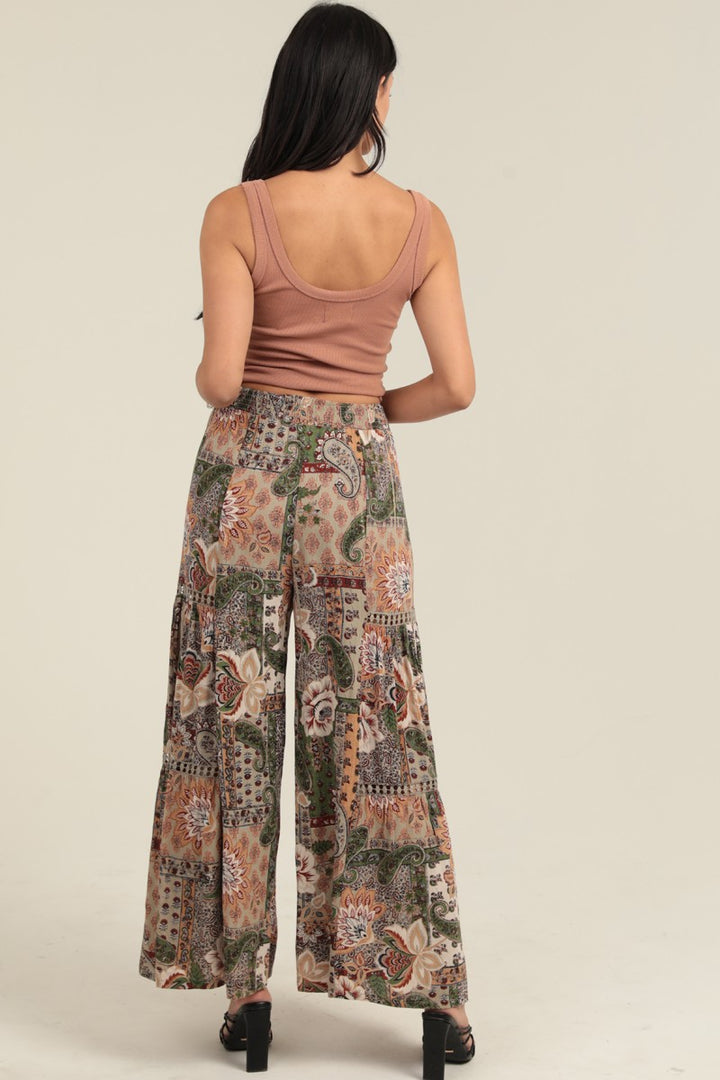 Wide Leg Palazzo Pant with Lace Inserts in Green Multi Patchwork