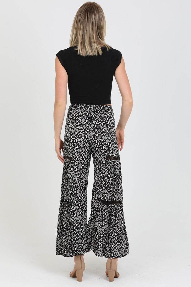 Wide Leg Palazzo Pant with Lace Inserts in Black Cactus