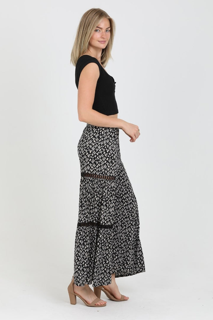 Wide Leg Palazzo Pant with Lace Inserts in Black Cactus
