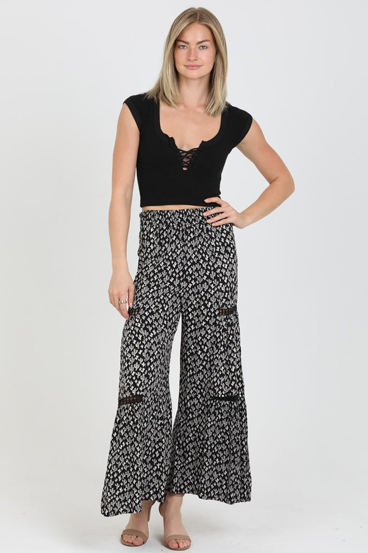 Wide Leg Palazzo Pant with Lace Inserts in Black Cactus