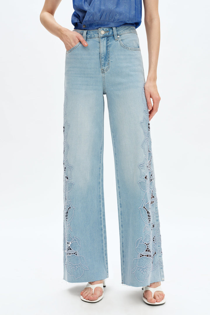 High Rise Laser Cut Embroidered Flare Leg Jean