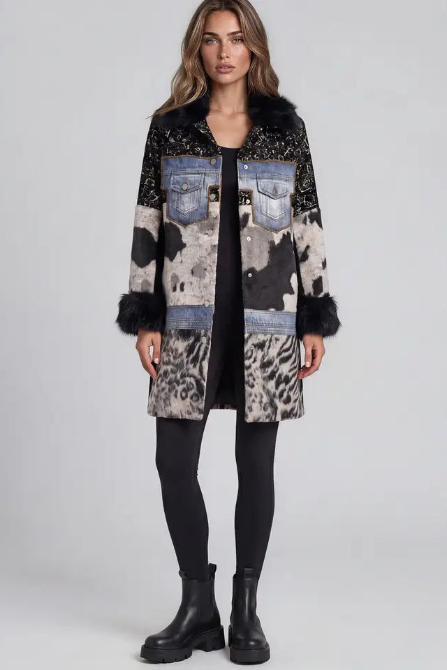 Patchwork Coat with Fur Trim