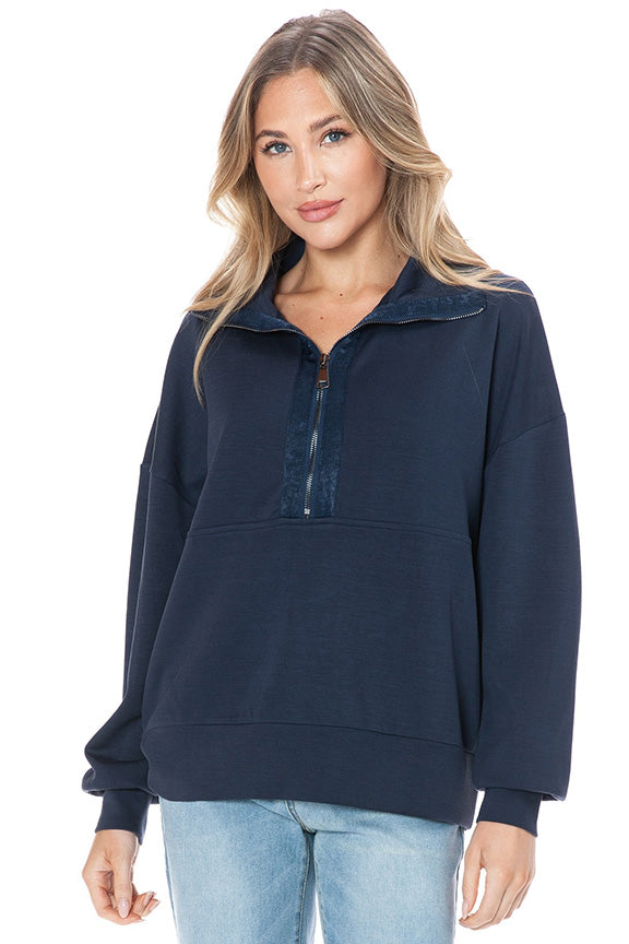 Navy Scuba Zipper Pullover with Satin Contrast