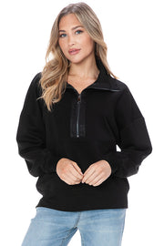 Black Scuba Zipper Pullover with Satin Contrast