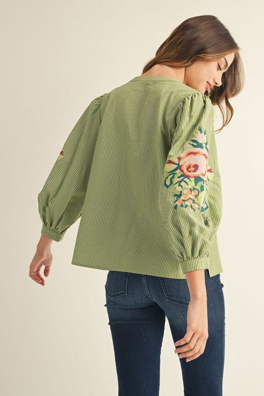 Floral Embroidered Striped Blouse in Olive