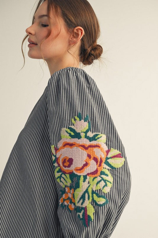 Floral Embroidered Striped Blouse in Black