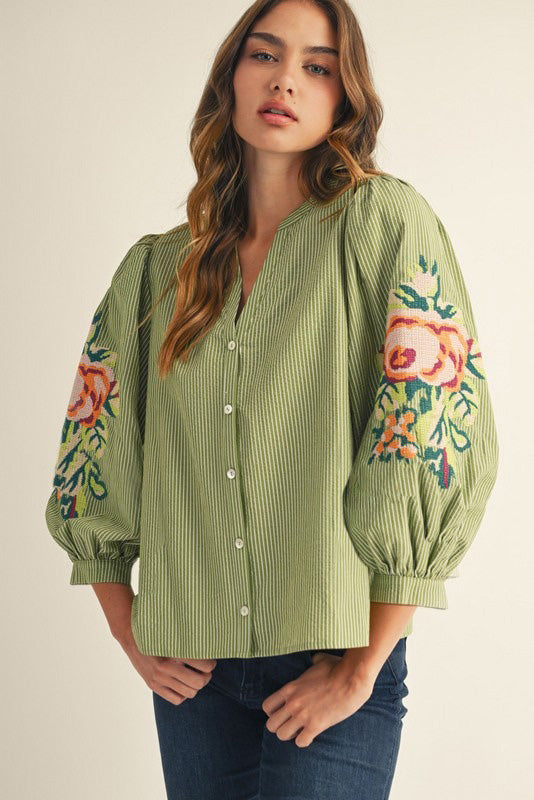 Floral Embroidered Striped Blouse in Olive