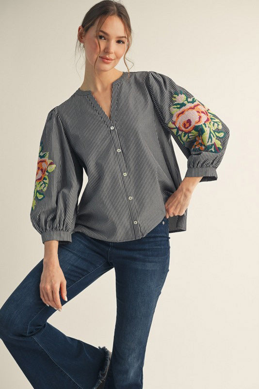 Floral Embroidered Striped Blouse in Black