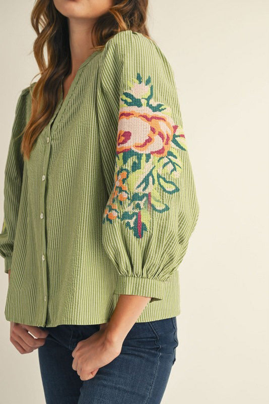 Floral Embroidered Striped Blouse in Olive