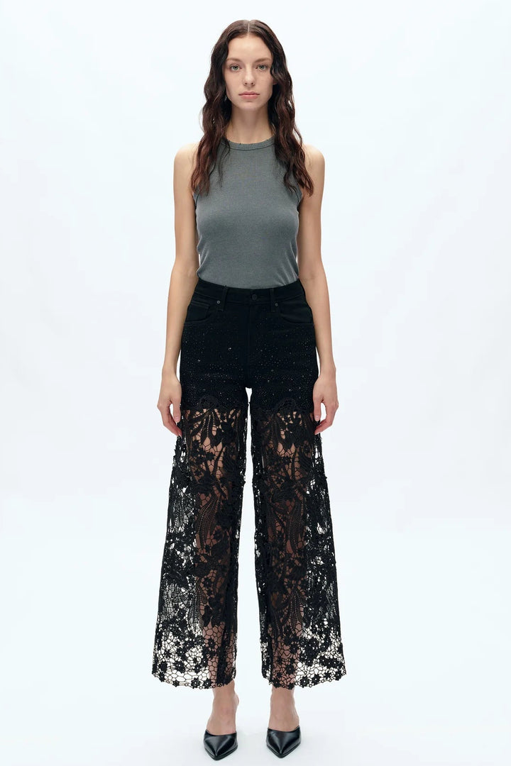 High Rise Ankle Embroidered Lace Wide Leg Jeans in Black