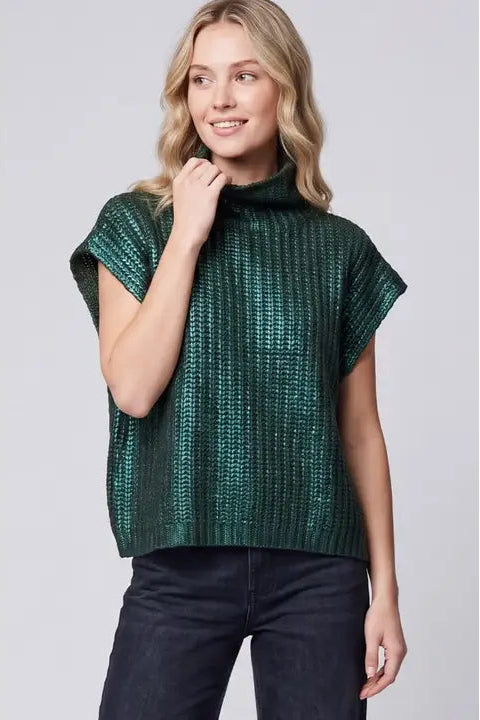 Metallic Foil Drop Sleeve Mock Neck Sweater