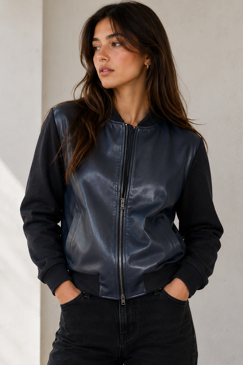 Double Knit Coated Zip Front Cardigan in Midnight Navy