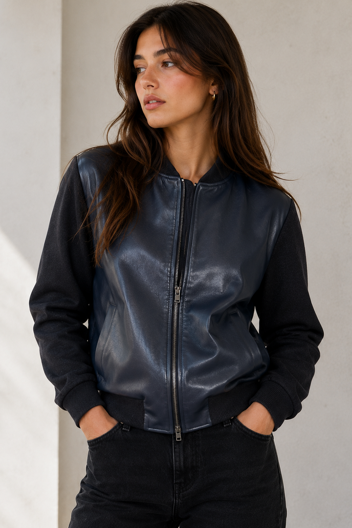 Double Knit Coated Zip Front Cardigan in Midnight Navy