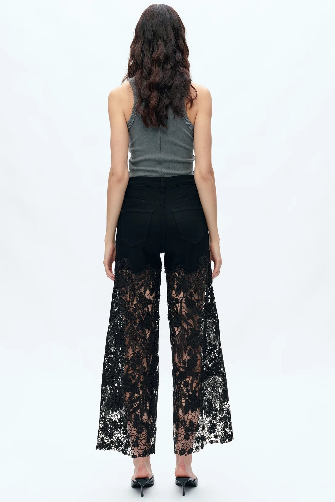 High Rise Ankle Embroidered Lace Wide Leg Jeans in Black