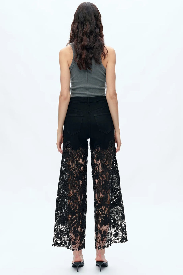 High Rise Ankle Embroidered Lace Wide Leg Jeans in Black