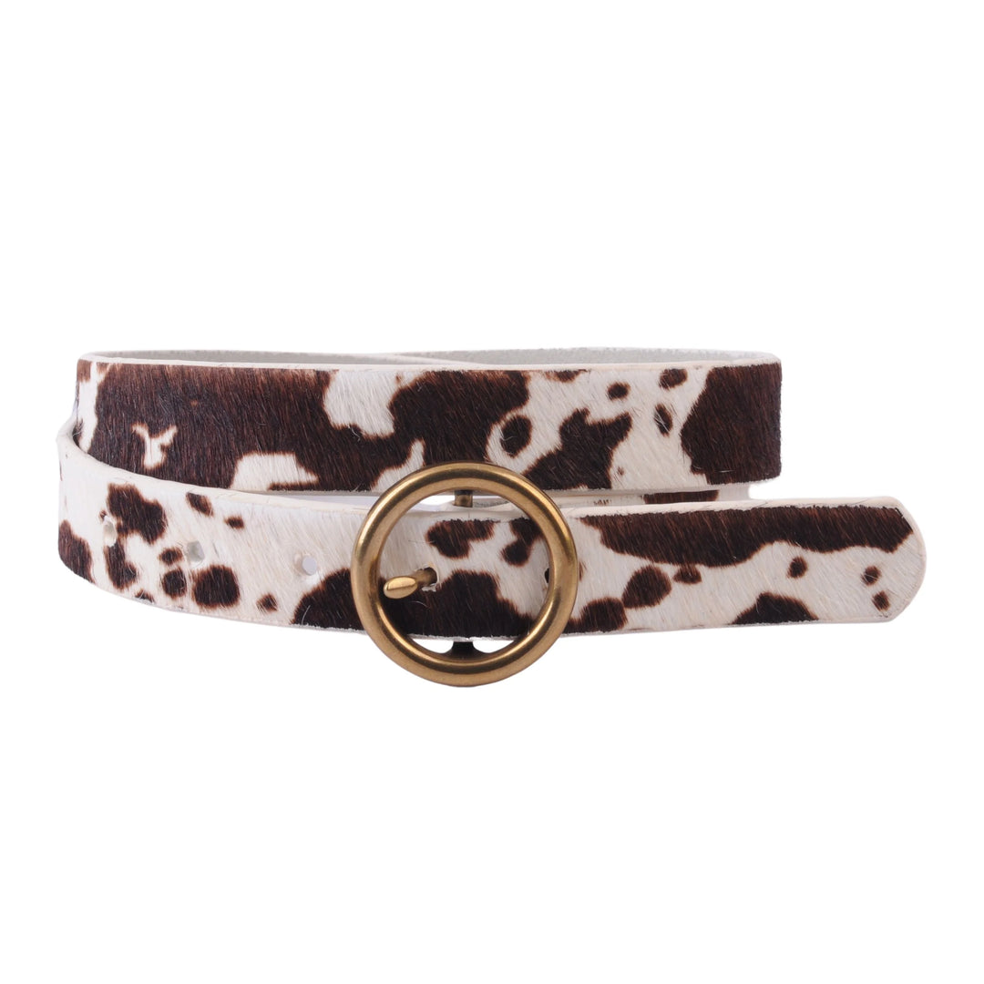 Leather Brass Ring Belt in Cowprint
