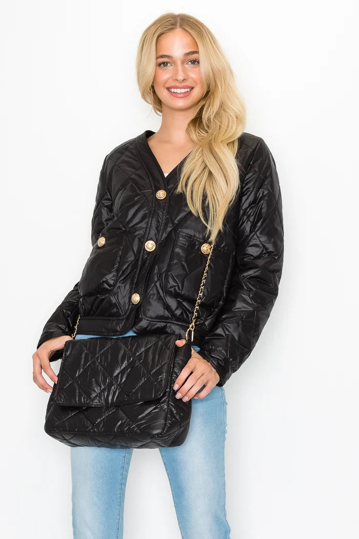 Johya Puffer Jacket and Coss body Bag in Black