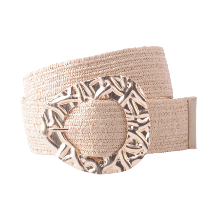 Embossed Gold Foil Buckle Raffia Stretch Belt