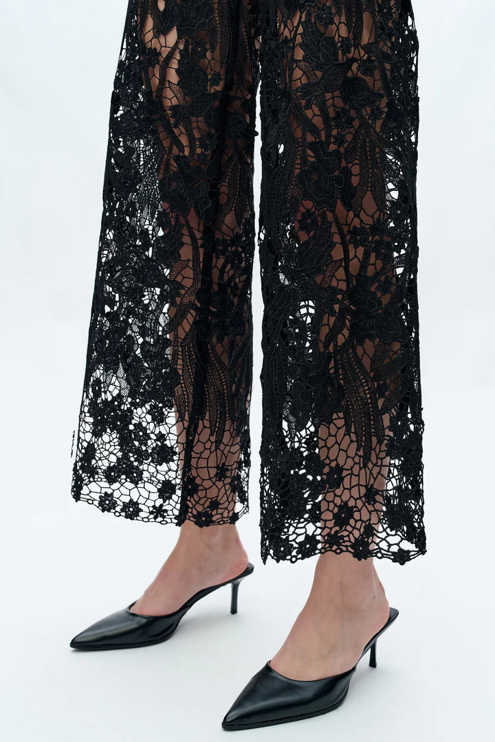 High Rise Ankle Embroidered Lace Wide Leg Jeans in Black